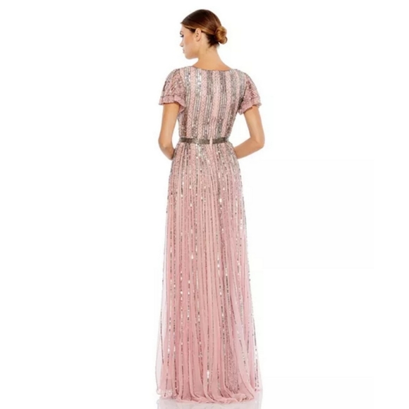 MAC DUGGAL Flutter Sleeve Embellished Plunge Neck A Line Gown Dress Size 14 - Picture 2 of 8
